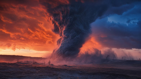 A striking portrayal of a tornado forming against a backdrop of vividly colored skies at dusk, showcasing nature's raw power and dramatic beauty in a barren landscape.の素材