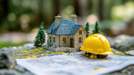 A detailed miniature house design placed on construction blueprints beside a yellow hard hat, showcasing the intersection of architecture and nature in a serene environment.の素材