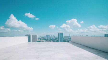 Beautiful expansive rooftop view showcasing a clear blue sky filled with soft white clouds, paired with a modern city skyline and a marble floor perfect for relaxation.の素材