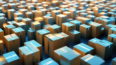 A captivating aerial view of a vast warehouse filled with numerous cardboard boxes reflecting light, highlighting the efficiency of modern logistics and the e-commerce supply chain.の素材