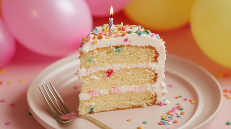 A delightful slice of colorful cake topped with sprinkles and a candle, set against a cheerful backdrop of pastel balloons, perfect for a birthday celebration.の素材
