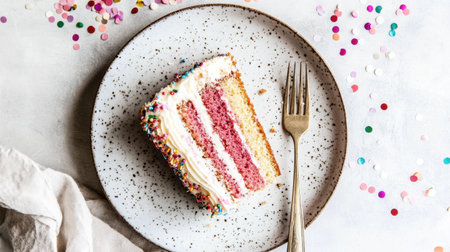 A delightful slice of vibrant layered cake with frosting, sitting on a speckled plate and adorned with colorful confetti, ideal for celebration and artistic food photography.の素材