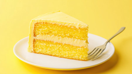 A mouthwatering slice of yellow cake with creamy frosting, perfectly presented on a white plate, set against a vibrant yellow background, ideal for dessert lovers.の素材