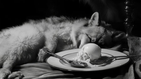 A charming black and white image of a sleeping fox resting next to a plate of ice cream, embodying tranquility and indulgence in a serene setting. Perfect for conveying warmth.の素材