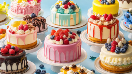 An enticing selection of vibrant cakes featuring rich flavors, fresh fruits, and decorative toppings, ideal for any festive event or sweet treat craving.の素材