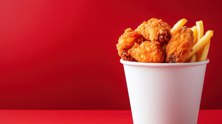 Enjoy a mouthwatering display of crispy fried chicken wings paired with golden French fries in a clean white cup, perfect for any fast food or snack occasion.の素材