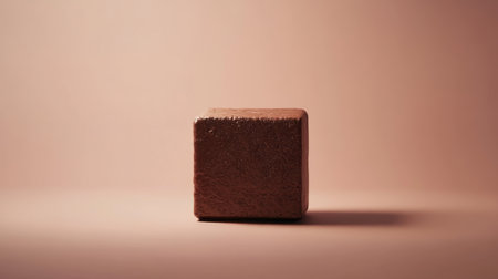 A serene depiction of a brown cube against a soft pink backdrop, featuring gentle shadows that enhance its texture and artistic appeal in a minimalist setting.の素材