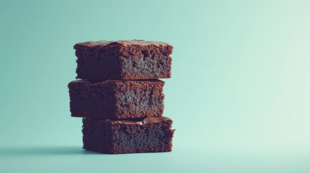 A stunning image of stacked chocolate brownies on a soft turquoise background, highlighting their rich texture and inviting appearance, perfect for any dessert lover.の素材
