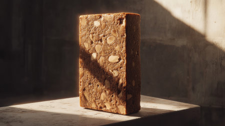 A close-up of a natural nut cake placed on a marble surface, with soft shadows creating an elegant view, showcasing its rich texture and wholesome ingredients in a minimalist atmosphere.の素材