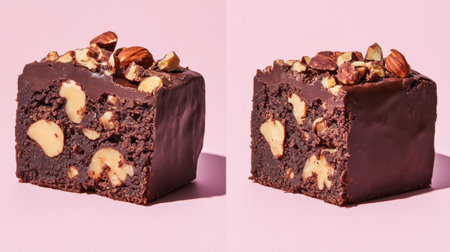 A delectable slice of rich chocolate cake adorned with various nuts, set against a soft pink background, ideal for dessert themes and food photography inspiration.の素材