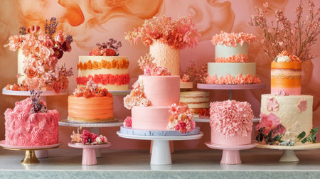 A stunning array of decorated cakes featuring floral designs in soft pinks and oranges, perfect for inspiring cake ideas for various celebrations and special occasions.の素材