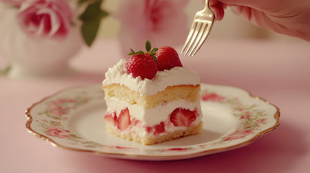 A beautifully crafted strawberry cake with creamy topping, set on an elegant floral plate against a soft pink background, perfect for special occasions and delightful desserts.の素材