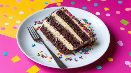 A delightful slice of chocolate cake adorned with colorful sprinkles, set against a vibrant backdrop, perfect for capturing the essence of celebration and joy in dessert photography.の素材
