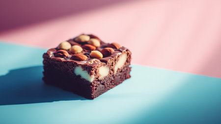 A delectable chocolate brownie topped with nuts and a creamy filling, set against a colorful backdrop, showcasing a delightful treat perfect for any dessert lover.の素材