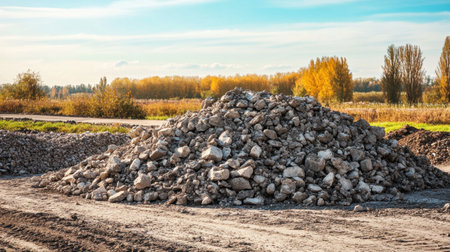 This image captures a large pile of rocks and debris on a gravel road, surrounded by trees and autumn colors, under a beautiful blue sky, perfect for construction themes.の素材