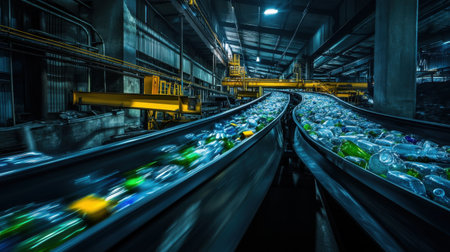 A vibrant view of a conveyor belt in a recycling facility, showcasing colorful glass bottles as they journey through an industrial environment for efficient processing.の素材