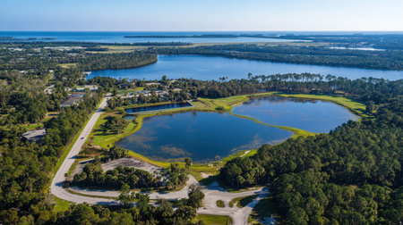 Discover an aerial view showcasing a picturesque blend of tranquil lakes and lush greenery under a bright sky, ideal for nature enthusiasts and travelers seeking serene landscapes.の素材