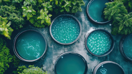 This aerial image features circular water tanks nestled among vibrant foliage, highlighting water circulation in an urban environment. Emphasizes harmony with nature.の素材