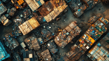 This aerial image captures a densely packed urban area filled with varied waste piles and cluttered containers, highlighting the critical issue of waste management in city environments.の素材