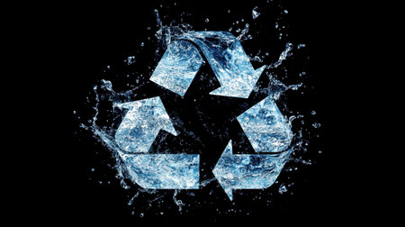 A vibrant splash of clear water forms a recycle symbol against a dark background, emphasizing themes of sustainability, environmental protection, and the importance of eco-friendly practices.の素材