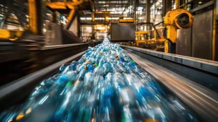 A busy industrial environment shows a conveyor belt filled with colorful plastic bottles, highlighting the importance of recycling and sustainability in waste management.の素材