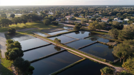 Captivating aerial shot displaying tranquil water bodies encircled by lush greenery and an urban backdrop, emphasizing the harmony between nature and human development.の素材