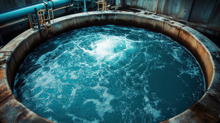 Captivating aerial view showcasing the dynamic water flow in a large circular tank within an industrial facility, emphasizing technology and engineering processes involved in water treatment.の素材