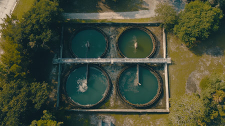 A high-angle shot showcases a wastewater treatment facility featuring circular tanks, surrounded by lush greenery, highlighting the balance of industrial and natural elements.の素材