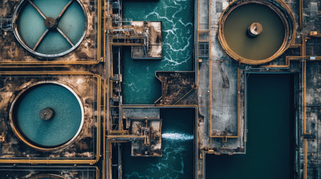 Captivating aerial image of an industrial water treatment facility featuring large circular tanks and flowing water channels, highlighting advanced water purification processes.の素材