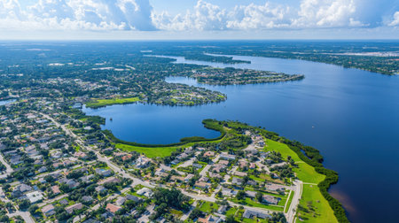 Experience a captivating aerial view showcasing gorgeous suburban neighborhoods alongside tranquil lakes, capturing the beauty of natural landscapes and serene atmospheres.の素材