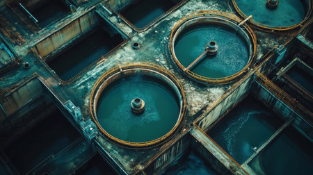 This aerial image showcases the intricate layout of circular water treatment tanks in an industrial facility, highlighting the essential processes involved in modern wastewater management.の素材