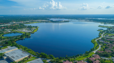 Stunning aerial perspective of a tranquil blue lake bordered by vibrant greenery and urban structures under a bright sky filled with clouds. Perfect for nature lovers.の素材