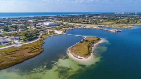 A stunning aerial view showcasing the harmony between coastal waters and urban development, featuring lush vegetation and sandy shores nestled beneath a clear blue sky.の素材