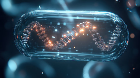 A stunning 3D depiction of a DNA helix encased in a transparent capsule, featuring eye-catching glowing elements and a mesmerizing abstract background suitable for educational projects.の素材