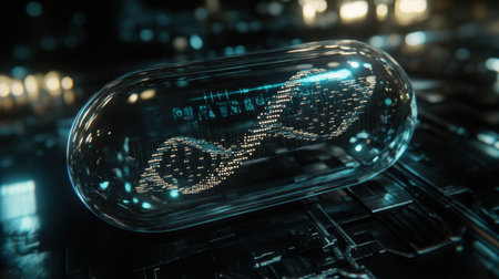 This image showcases a futuristic capsule featuring a glowing infinity symbol, creating a striking visual with a technological backdrop and vibrant digital elements.の素材