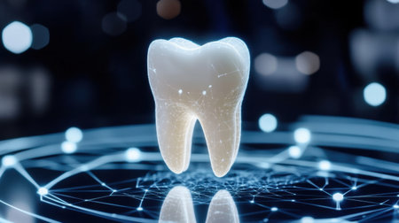 A vibrant digital tooth model with a neon effect, set against a backdrop of abstract data connections, representing the future of dental health and technology advancements.の素材