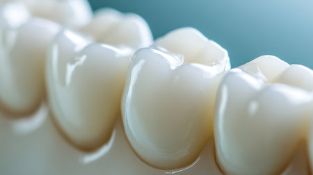 This close-up image showcases healthy human teeth, highlighting their glossy enamel and detailed contours, ideal for illustrating dental health and hygiene concepts.の素材