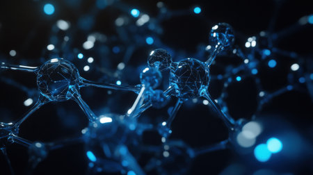 Stunning digital representation of molecular structures featuring interconnected atoms with luminous blue highlights against a dark backdrop, perfect for science and technology themes.の素材
