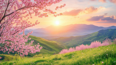 A breathtaking view of a sunset illuminating blooming cherry blossom trees in a lush green landscape, creating a serene and tranquil atmosphere perfect for nature lovers.の素材
