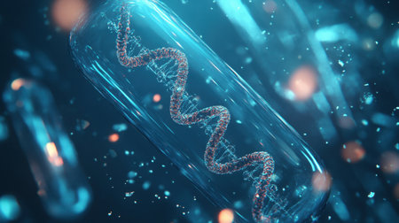 A captivating representation of DNA in a laboratory setting, showcasing molecular structure with glowing particles and a futuristic blue hue, evoking the essence of scientific exploration.の素材