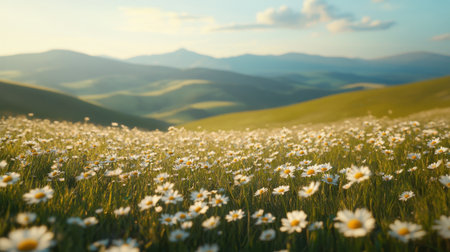 A breathtaking view of a wildflower field, showcasing daises swaying in the gentle breeze against rolling green hills and dramatic mountains under a serene blue sky.の素材
