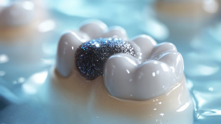 This striking close-up image showcases a tooth model with a noticeable cavity, set against a soft blue backdrop, illustrating the importance of dental care and health awareness.の素材