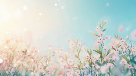 A serene spring landscape featuring soft pastel blooms in sunlight, creating a tranquil atmosphere with a dreamy blue sky and gentle bokeh effect, perfect for evoking natureの素材