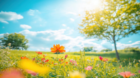 A picturesque meadow filled with colorful flowers and a bright blue sky, inviting viewers to experience the beauty of nature in a serene and uplifting environment.の素材