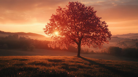 A stunning view of a cherry blossom tree at sunset, showcasing vivid colors and serene beauty in a tranquil landscape with mountains in the background.の素材