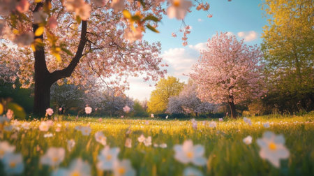 A serene spring landscape featuring cherry blossom trees in full bloom under a clear blue sky, creating a picturesque and tranquil park setting filled with natural beauty.の素材