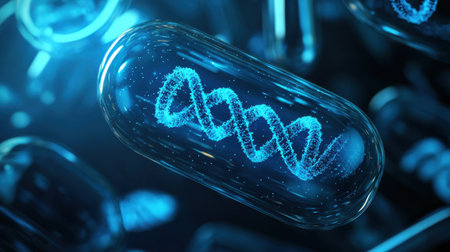 Digitally created image of a luminous DNA structure inside a capsule, representing cutting-edge biotechnology and molecular exploration in a modern scientific setting.の素材