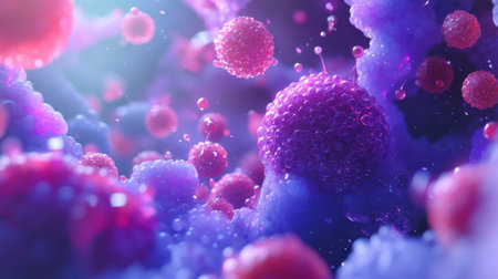 This mesmerizing abstract image features colorful organic cell structures in a dynamic environment, emphasizing intricate patterns and radiant hues for a stunning visual experience.の素材