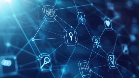 Explore a stunning abstract representation of interconnected icons in a glowing blue hue, symbolizing digital technology, data connectivity, and innovative communication solutions.の素材