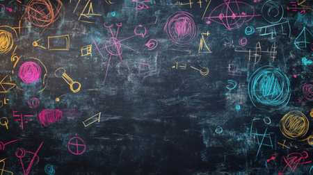 Vibrant chalkboard background filled with colorful scribbles and geometrical shapes creates an engaging visual for educational and creative projects in classrooms or marketing materials.の素材